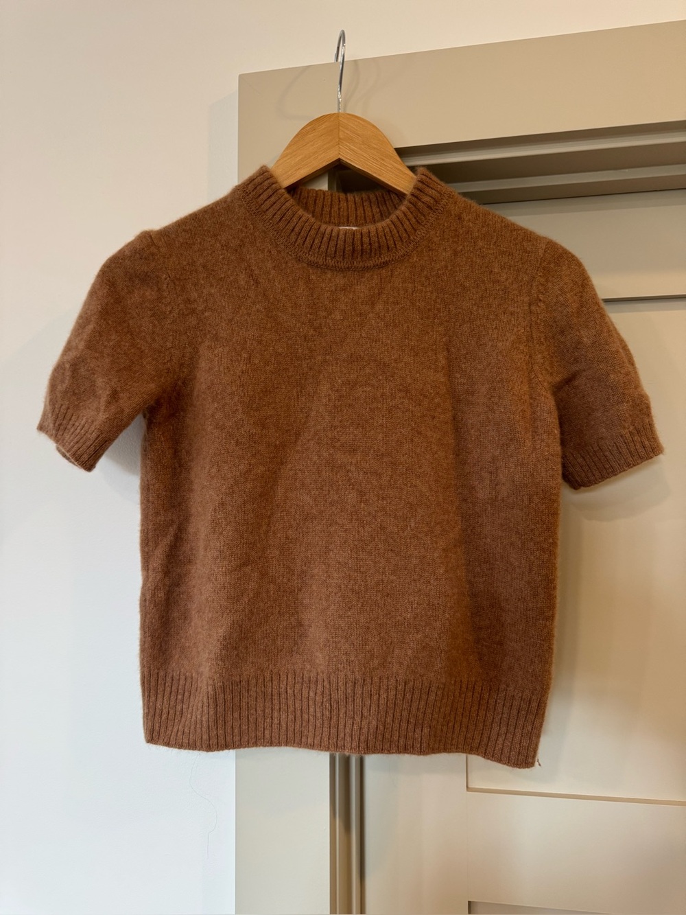 Jason Wu Cashmere Short-Sleeve Crewneck Sweater in Chestnut Brown